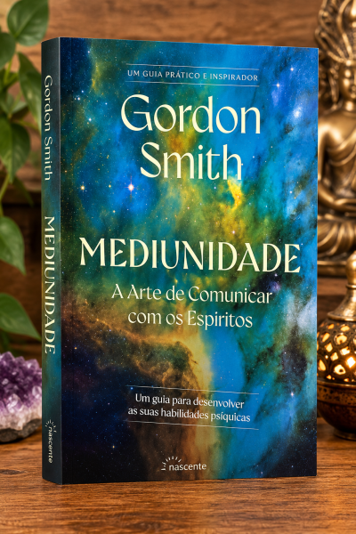 Livro Mediunidade de Gordon Smith com capa azul e verde espacial