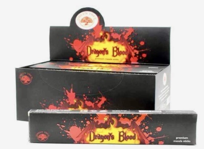 Caixa e embalagem de incenso Dragons Blood com design preto e vermelho com chamas