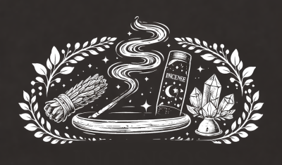 Desenho de incenso, pacote INCENSE, ervas e cristais em fundo escuro