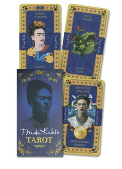 Baralho de tarot Frida Kahlo com cartas azuis e amarelas e imagens de Frida Kahlo.