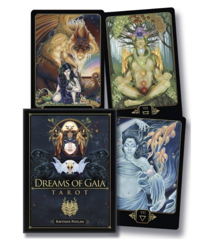 Conjunto de cartas de tarot Dreams of Gaia Tarot com ilustrações coloridas e embalagem preta