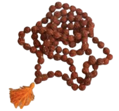 Rosário de contas marrons com borla laranja num fundo branco