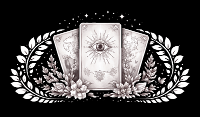Cartas de tarô com olho central, flores e folhas em fundo preto