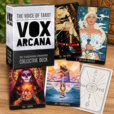 Baralho de tarot Vox Arcana com a caixa e cinco cartas visíveis de vários desenhos e símbolos.