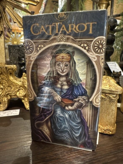 Caixa de baralho de tarô CATTAROT com ilustração de gato vestido em trajes antigos