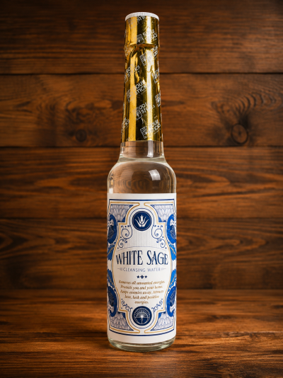 Garrafa de água limpa White Sage com rótulo branco e azul e tampa dourada em fundo de madeira
