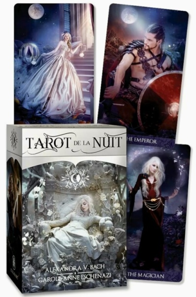 Baralho de tarot TAROT DE LA NUIT com caixa ilustrada e cartas com personagens fantásticos