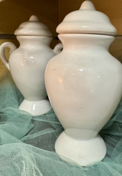 Dois potes brancos de porcelana com tampas sobre tecido verde translúcido.