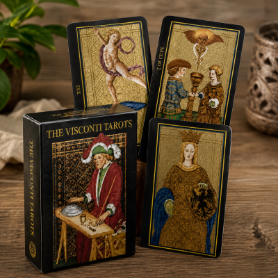 Cartas de tarô THE VISCONTI TAROTS com caixa preta e cartas douradas à mostra sobre mesa de madeira.