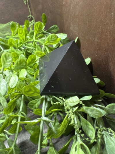 Piramide preta lisa sobre ramos verdes naturais