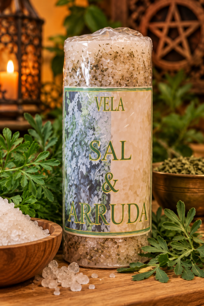 Vela de sal grosso e arruda com etiqueta em ambiente rústico.