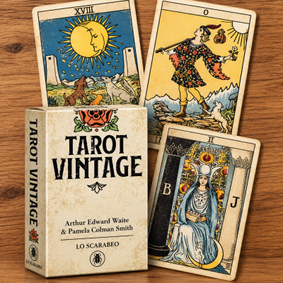 Conjunto de cartas de tarot vintage com caixa e cartas ilustradas