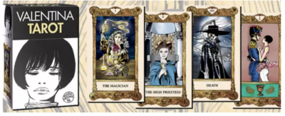 Baralho de tarot VALENTINA TAROT e quatro cartas ilustradas