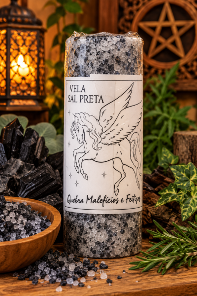 Vela sal preta com etiqueta de cavalo alado e texto em fundo de madeira com cristais pretos, planta, vela e madeira