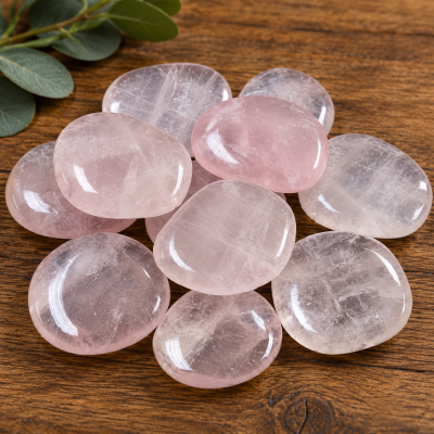 Pedras polidas cor-de-rosa e transparentes sobre madeira com folhas verdes