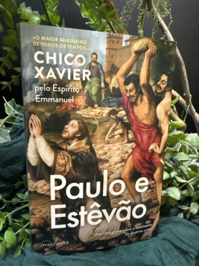 Capa do livro Paulo e Estêvão com ilustração de figuras históricas e plantas ao redor