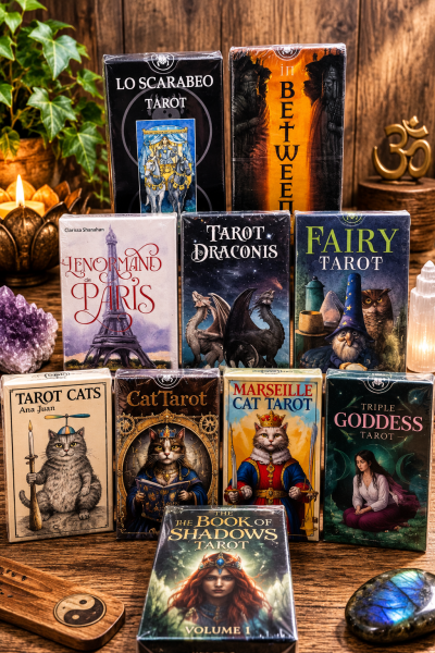 Conjunto de baralhos de tarot em embalagens coloridas sobre mesa de madeira