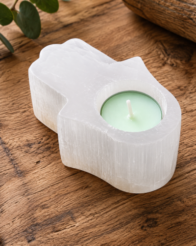 Porta-vela de sal cristal com vela tealight verde
