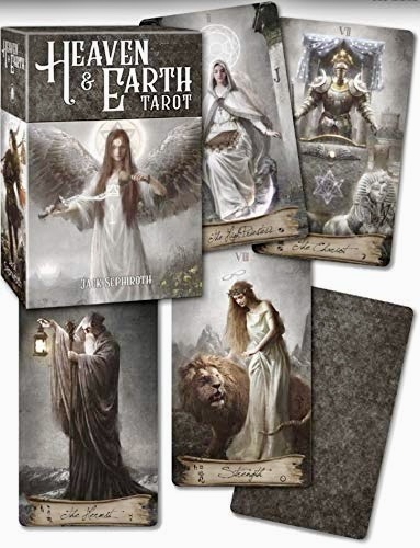 Cartas de tarot Heaven & Earth com figuras mitológicas e caixa correspondente