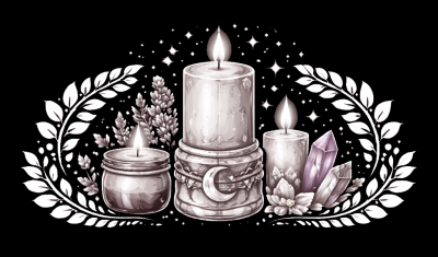 Três velas acesas decoradas com folhas, flores e cristais