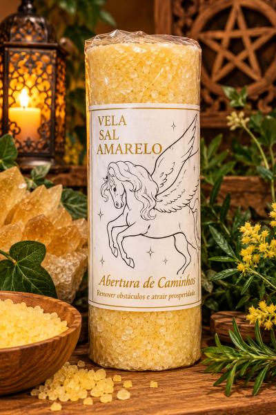 Vela decorativa de sal amarelo com desenho de cavalo alado e texto descritivo, em cenário rústico com plantas e vela acesa.