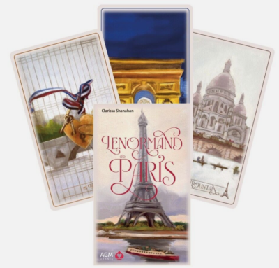 Cartas ilustradas com monumentos de Paris e caixa do jogo Lenormand de Paris