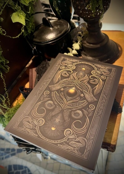 Caderno com capa rígida decorada em relevo e dourado sobre mesa de madeira com plantas e recipiente metálico ao fundo