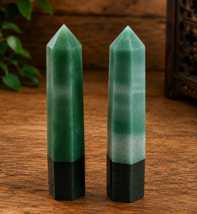 Dois obeliscos de cristal verde polido sobre madeira