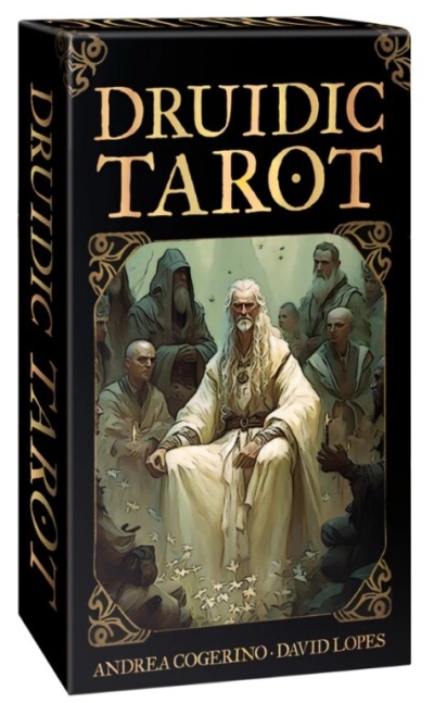 Caixa preta de baralho de tarot DRUIDIC TAROT com ilustração de homem branco barbudo e outras pessoas