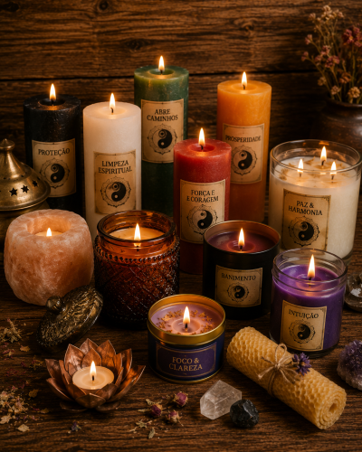 Velas aromáticas coloridas com rótulos espirituais em superfície de madeira
