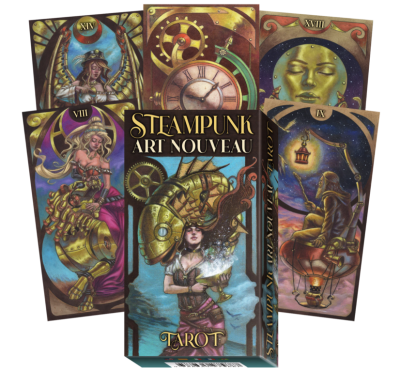 Caixa e cartas de tarot Steampunk Art Nouveau com ilustrações coloridas e estilo mecânico
