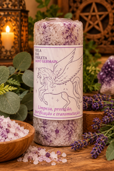 Vela de sal violeta Saint Germain com embalagem e ilustração de pégaso