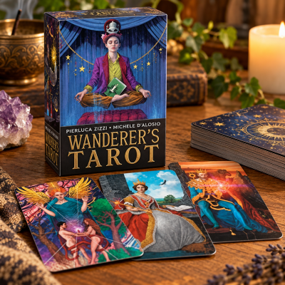 Caixa e cartas Wanderers Tarot com ilustrações coloridas sobre mesa de madeira, vela acesa e cristais
