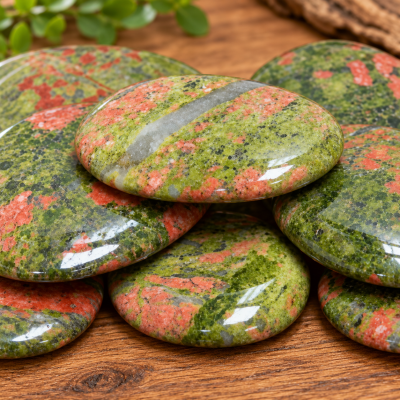 Conjunto de pedras polishredas unakite verde, coral e cinza sobre mesa de madeira