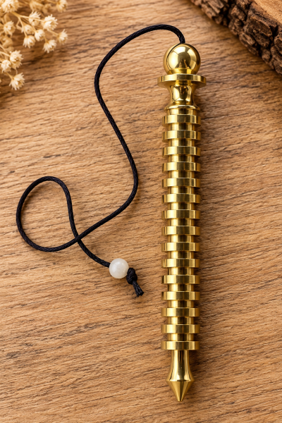 Pêndulo dourado em metal com cordão preto favorito sobre madeira clara