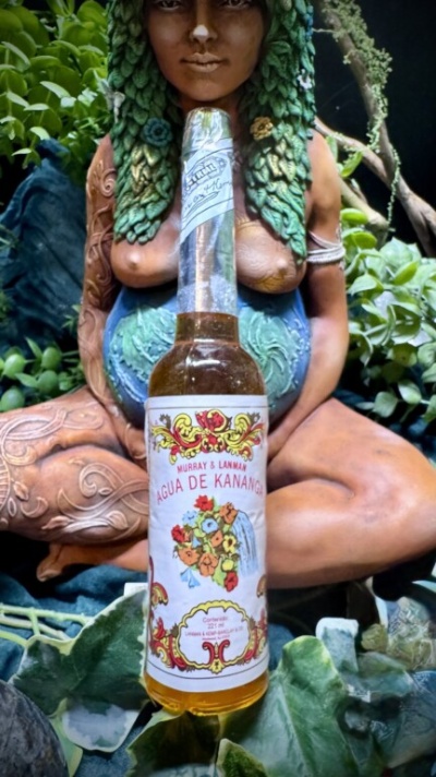 Garrafa de Água de Kananga com rótulo floral diante de figura decorativa feminina com cabelo verde