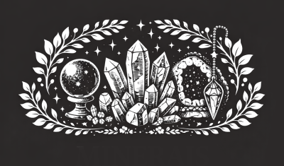 Ilustração em preto e branco de minerais e cristais com elementos decorativos de folhas