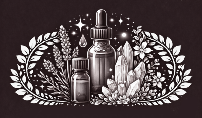 Frascos de vidro, cristais, flores e folhas em arte preta e branca