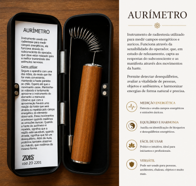Aurímetro com cabo de madeira e molas metálicas numa caixa preta acolchoada, ao lado folha explicativa em português.