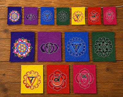 Bandeiras de tecido com símbolos de chakras coloridos sobre madeira
