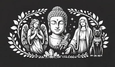 Desenho branco sobre fundo preto com anjo, Buda, figura feminina e gato rodeados por ramos e cristais