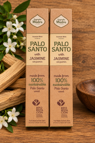 Caixas de incenso Palo Santo com Jasmim em embalagem castanha com texto verde e roxo junto a flores e varas de madeira.