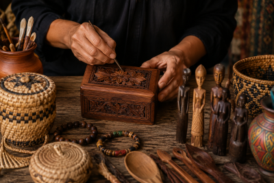 Caixa de madeira trabalhada e objetos artesanais sobre mesa