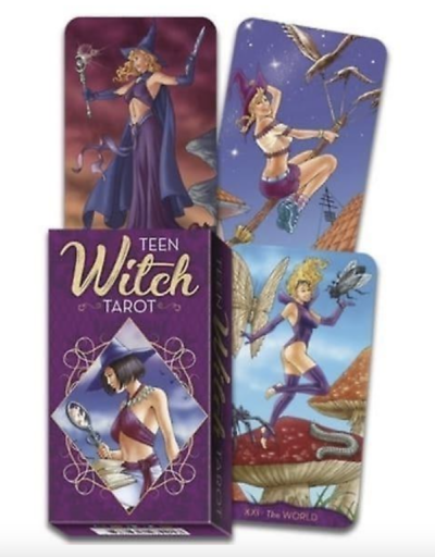 Cartas de tarot Teen Witch com ilustrações de bruxas jovens em cores vibrantes