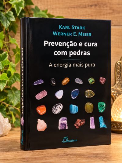 Capa de livro preto com imagens de pedras coloridas e texto em português