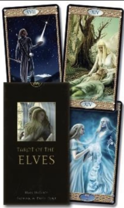 Cartas de tarot com tema de elfos e embalagem preta com texto em dourado