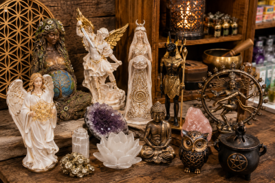 Estátuas decorativas variadas representando figuras espirituais, deuses e cristais sobre mesa de madeira