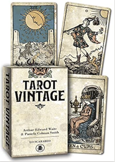 Baralho de tarô vintage com caixa creme e cartas ilustradas