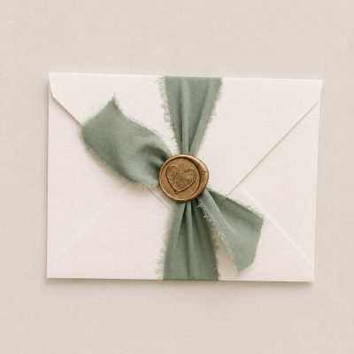 Envelope branco fechado com fita verde e selo de cera com coração