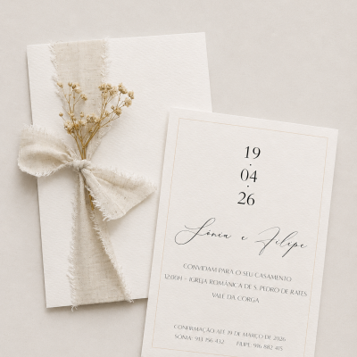 Convite de casamento branco com fita e flores secas e texto em português